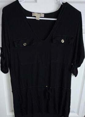 Michael Kors Black Button Accent V-Neck Roll Tab 3/4 Sleeve Blouse M